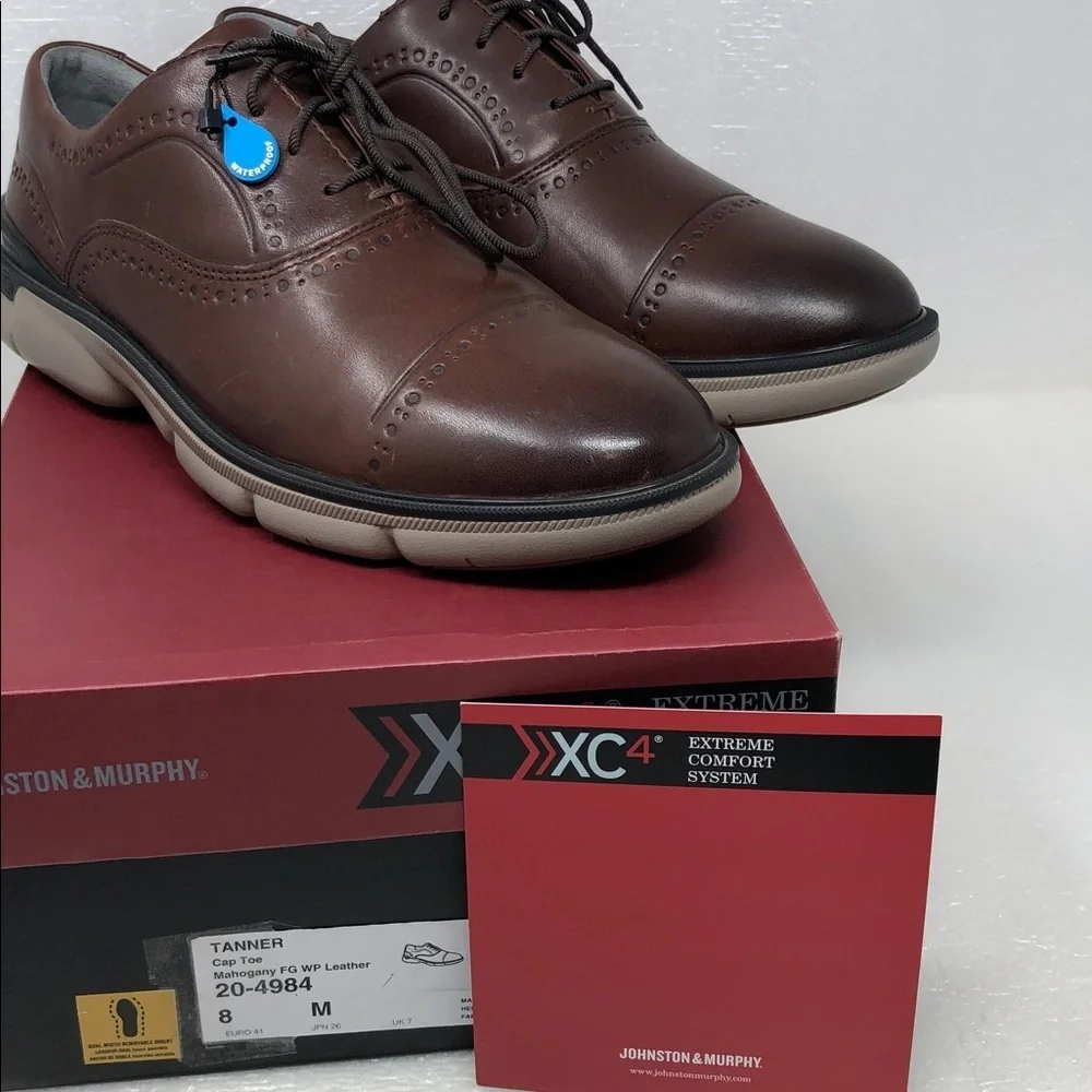 NEW Johnston & Murphy Shoes Tanner XC4 Mahogany Leather CapToe Waterproof Mens 8